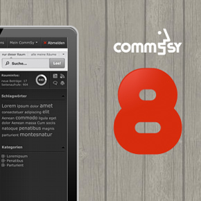 Teil eines Tablets auf dem EduCommSy angezeigt wird und das Logo von CommSy 8