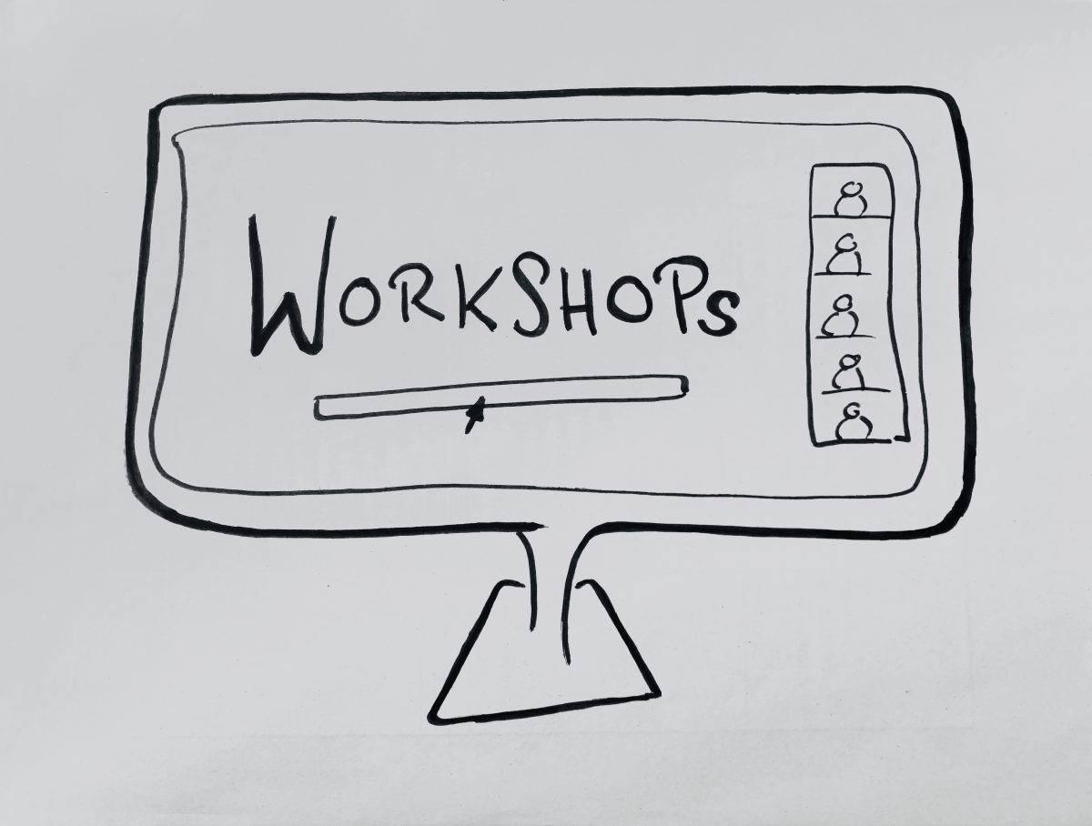 Eine schwarz-weiß-Zeichnung eines Computerbildschirms, auf dem rechts eine Leiste mit vereinfachten Bildern von Personen gezeichnet ist. Auf dem Bildschirm steht das Wort Workshops.
