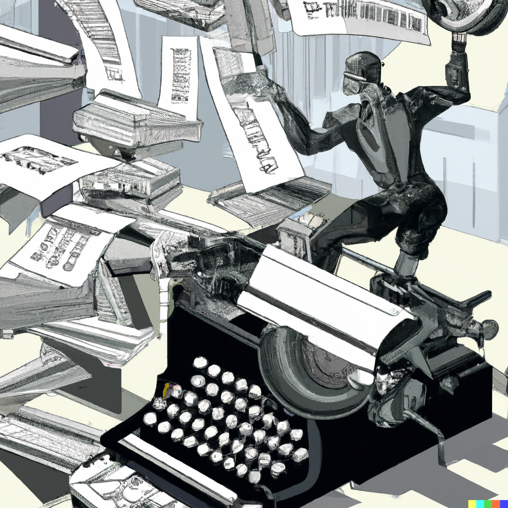 Bild, das von der KI DALL-E erzeugt wurde mit folgendem Prompt: "humanoid typing on typewriter, paper flying around, stacks of papers and documents in background mc escher style"